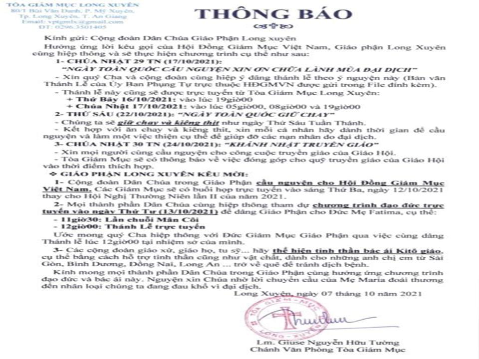 Thông Báo của Tòa Giám Mục Long Xuên về các ngày lễ 17/10 - 22/10 - 24/10
