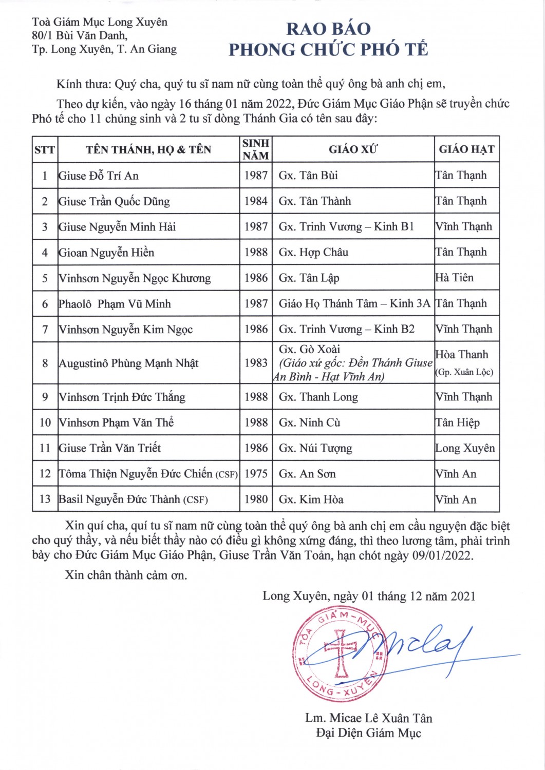 RAO  BÁO PHONG CHỨC PHÓ TẾ - Xin Cầu Nguyện