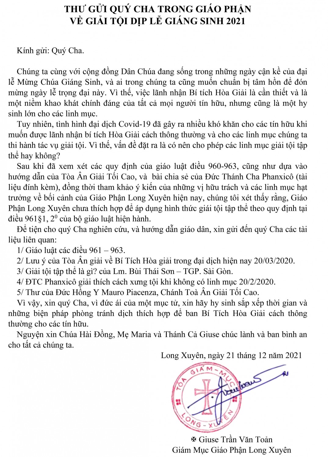 Thư Đức Cha Long Xuyên về GIẢI TỘI TẬP THỂ dịp Giáng Sinh 2021