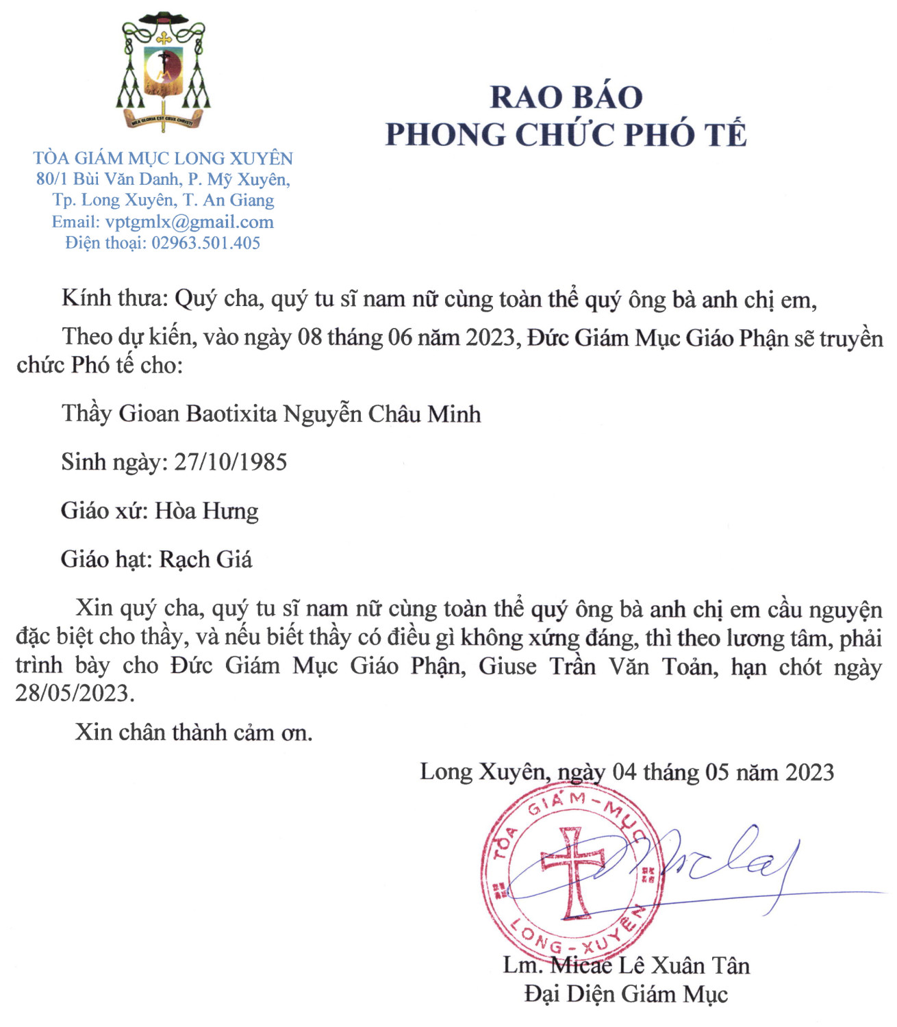 Thầy Gioan Baotixita Nguyễn Châu Minh Gp. Long Xuyên sắp phong chức phó tế - Xin Cầu Nguyện
